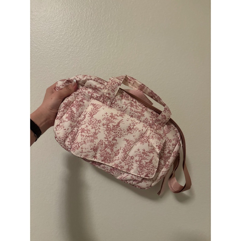 Medium Nylon Crescent Bag Pink Forest Toile Print Crossbody Shoulder Bag